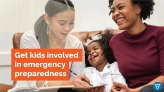 Two smiling adults sat on either side of a child who is laughing. They are reading a book together. The text reads: Get kids involved in emergency preparedness.