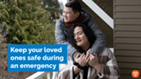 Two people together outside on a balcony hugging. The text reads: Keep your loved ones safe during an emergency.